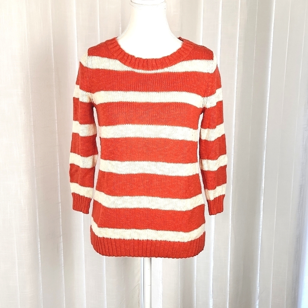 Womens casual 3/4 sleeve sweater old navy med orange white stripe crew neck